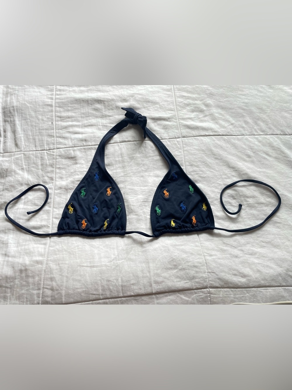 Y2K Ralph Lauren Navy Embroidered Multicolor Pony Halter Bikini Swim Top Medium